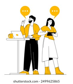Teamwork business concept. Analytics, planning, marketing research, work communication, goal settings. People launching startup. Flat vector illustration.