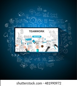 Teamwork Business concept with doodles Sketch background: infographics vector elements isolated, . It include lots of icons included graphs, stats, devices,laptops, clouds, concepts and so on.