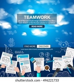 Teamwork Business concept with doodles Sketch background: infographics vector elements isolated, . It include lots of icons included graphs, stats, devices,laptops, clouds, concepts and so on.