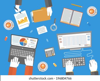 Teamwork business concept in flat design. Business, office and marketing items icons. Hands of team workers with laptop, documents folder, computer, calculator, cup of tea and notebook on table