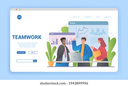 Teamwork im Business-Konzept mit einer Gruppe multiethnischer Kollegen, die Analyse und Planung in einem Büro durchführen, Vektordesign-Illustration für eine Website-Landing-Page