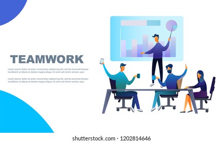 Teamwork. Business concept infographics of solution, partnership, collaboration and support. Vector flat illustration. Template for poster,web, banner or background. 