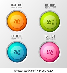 Teamwork business concept with interactive poll options with round colorful buttons and percentage with text captions vector illustration