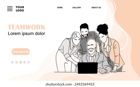 Teamwork business concept landing page. Website template with business team members, men and women working together, brainstorming, taking part in meeting, start up. Flat graphic vector illustration.