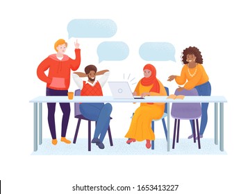 Teamwork-Business-Konzept mit multikulturellem Team. Afrikanisches Volk, muslimische Frau und europäischer Geschäftsmann mit Sprudelblasen. Symbol der Zusammenarbeit und Partnerschaft. Stockflache Illustration der Vektorillustration.