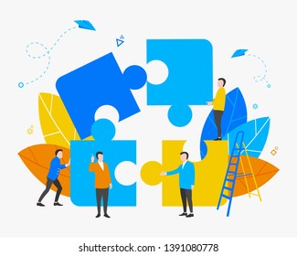 Teamwork. Business concept. People connecting elements of the puzzle. Vector pattern, flat design style. A symbol of teamwork, cooperation, partnership and unity. All elements are isolated.EPS 10.