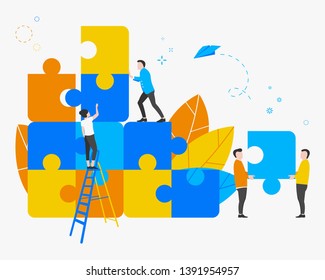 Teamwork. Business concept. People connecting elements of the puzzle. Vector pattern, flat design style. A symbol of teamwork, cooperation, partnership and unity. All elements are isolated.EPS 10.