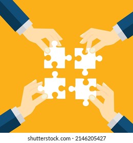 Teamwork business concept. People connecting puzzle elements. Vector illustration