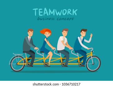 Teamwork, business concept. Business people or students riding tandem bike. Cartoon vector illustration
