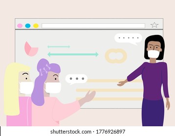 Teamwork business Concept. People Talking in Working, People Put on the mask at work time, Meeting of new normal, Flat vector illustration.