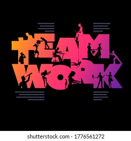 Teamwork business concept poster design template. Working silhouette people using laptops and shaking hands etc. in the colorful 'TEAMWORK' word. Vector illustration.