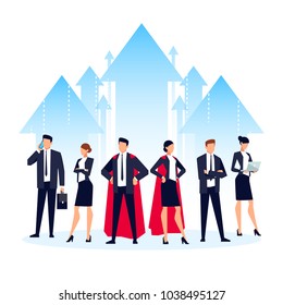 Teamwork. Business concept with a team of businessmen standing in the background of arrows. Business team in a flat style. Vector illustration.