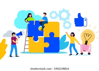 Concepto de empresa de trabajo en equipo Pequeñas personas que conectan elementos de rompecabezas Metáfora en equipo Símbolo de trabajo en equipo, cooperación, ilustración de vector de asociación estilo de diseño plano