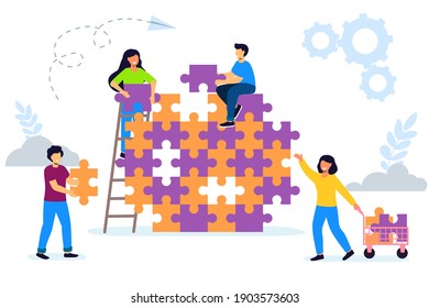 Teamwork business concept Tiny people connecting puzzle elements Team metaphor Symbol of teamwork, cooperation, partnership vector illustration flat design style