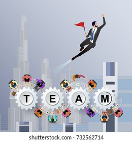 Teamwork. Business Concepts With a city background and manager flying to the top toward the goal. Vector illustration.