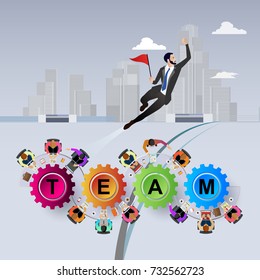 Teamwork. Business Concepts With a city background and manager flying to the top toward the goal. Vector illustration.
