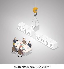 Teamwork business concept.TEAMWORK crossword and businessman meeting. The alphabet m is holding by hooker. Business success concept. Isometric illustration vector.