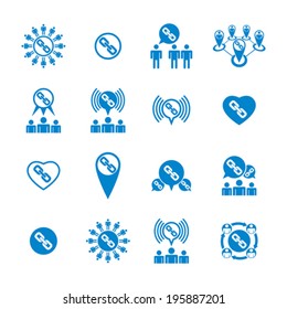 Teamwork and business cooperation theme creative vector icons set, conceptual business team symbols collection including gear system and chain link.