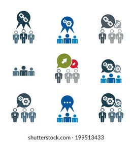 Teamwork and business cooperation theme creative vector icons set, conceptual business team symbols collection including gear system and chain link.