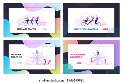 Teamwork Business Cooperation Website Landing Page Set. Businesspeople Riding Tandem Bicycle, Driving Boat to Success. Aim Mission and Task Solution Web Page Banner. Cartoon Flat Vector Illustration