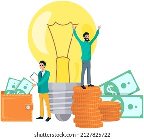 Trabajo en equipo con un plan creativo empresarial. Los colegas trabajan con la idea de un nuevo proyecto, planificando el inicio. La gente se regocija por el éxito de la inversión financiera, las ganancias, el dinero. Bombilla de luz como símbolo de idea creativa