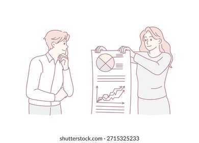 Trabalho em equipe e conceito de desenvolvimento de negócios. Jovem trabalhadora em pé e mostrando para sua colega apresentação com diagrama bem sucedido ilustração vetorial