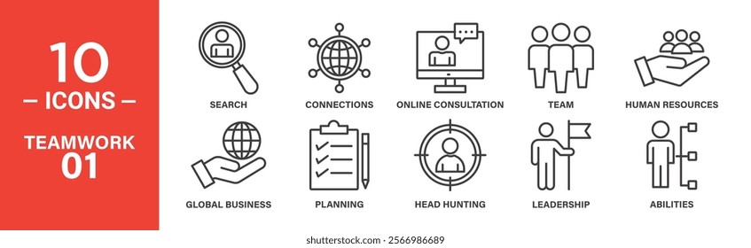 Teamwork and Business Development Icon Set: 10 Editable Vector Icons Highlighting Collaboration and Organizational Growth.