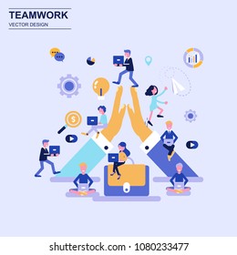 Teamwork and business flat design concept blue style with decorated small people character. Conceptual vector illustration for web design, marketing, graphic design.
