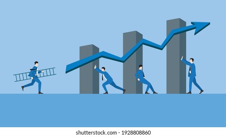 Teamwork and business growth concept. Business leader hold a ladder and run to the growing bar economic graph with an arrow up. Supporting by business people teamwork holding chart in successful way. 