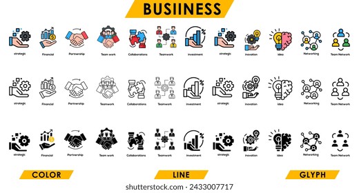 Teamwork Business icon set. Business and collaboration web icons in glyph and color line style, teamwork, partnership, financial, networking, Collection of icons. Vector illustration.