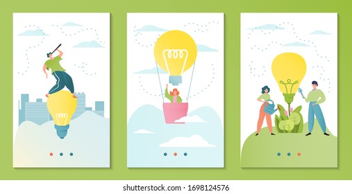 Teamwork business idea vector illustration. Businessmen work in team banner template. Teammates with lightbulb, watering can and scoop. Man cartoon character with telescope, woman on hot air ballon.