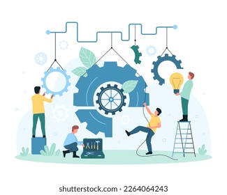 Teamwork for business improvement vector illustration. Cartoon tiny people of maintenance and support team work with settings, worker moving gear and system of enterprise mechanism, holding light bulb