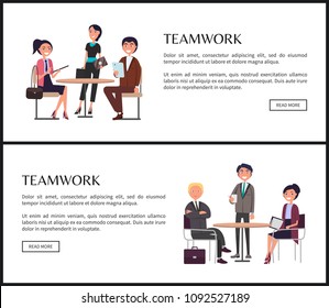 Teamwork at business as main component web banners. Employees around table with documents develop project together on posters vector illustrations.