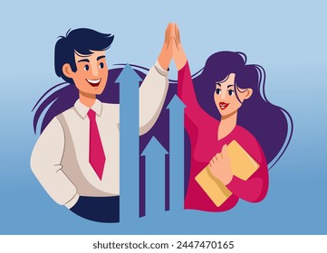 Teamwork business man and woman high-fiving each other after successful negotiations with potential buyers. Teamwork of guy and girl standing near up arrows, beyond successful implementation of plan