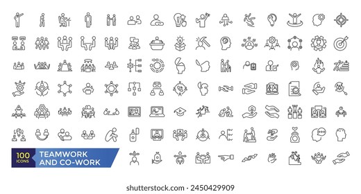 Teamwork in Business Management-Symbolsatz. Line Icons Vektorgrafik Kollektion. Verwandtes Team, Teamarbeit, Kollegen, Kooperation. Linear Business Simple Symbol Kollektion.