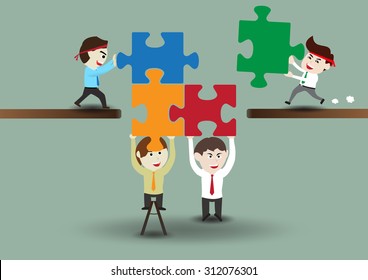 Teamwork, business men assembling pieces of a puzzle, template