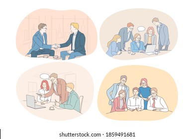 Teamwork business negotiations deal, office, agreement, cooperation concept. Business people partners coworkers discussing projects during brainstorming, arguing, making presentation together