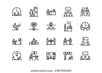 Teamwork business, organization, collaboration, research, and meeting lines icon set. Teamwork genres and attributes. Linear design. Lines with editable stroke. Isolated vector icons.