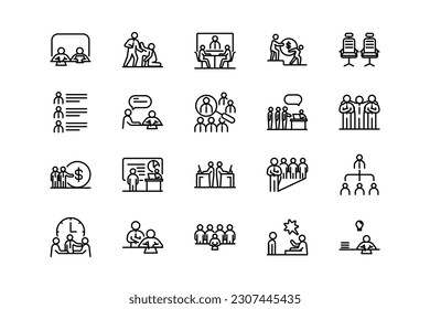 Teamwork business, organization, collaboration, research, and meeting lines icon set. Teamwork genres and attributes. Linear design. Lines with editable stroke. Isolated vector icons.