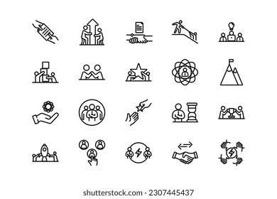 Teamwork business, organization, collaboration, research, and meeting lines icon set. Teamwork genres and attributes. Linear design. Lines with editable stroke. Isolated vector icons.