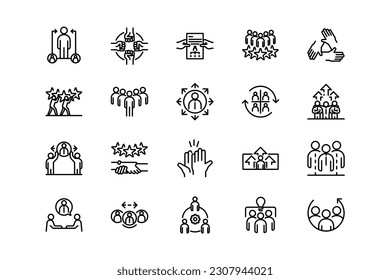 Teamwork business, organization, collaboration, research, and meeting lines icon set. Teamwork genres and attributes. Linear design. Lines with editable stroke. Isolated vector icons.