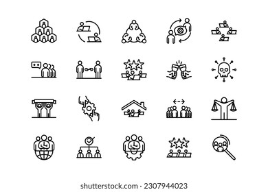 Teamwork business, organization, collaboration, research, and meeting lines icon set. Teamwork genres and attributes. Linear design. Lines with editable stroke. Isolated vector icons.