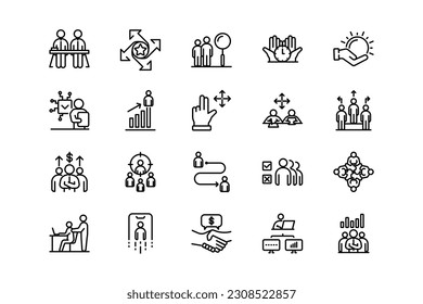 Teamwork business, organization,  collaboration, research, and meeting lines icon set. Teamwork genres and attributes. Linear design. Lines with editable stroke. Isolated vector icons.