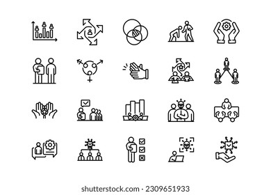 Teamwork business, organization,  collaboration, research, and meeting lines icon set. Teamwork genres and attributes. Linear design. Lines with editable stroke. Isolated vector icons.