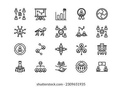 Teamwork business, organization,  collaboration, research, and meeting lines icon set. Teamwork genres and attributes. Linear design. Lines with editable stroke. Isolated vector icons.