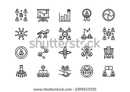 Teamwork business, organization,  collaboration, research, and meeting lines icon set. Teamwork genres and attributes. Linear design. Lines with editable stroke. Isolated vector icons.