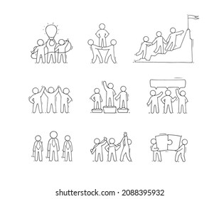 Teamwork in business, partnership and community concept. Vector cartoon icons set of team, people work together, stand in pyramid, climb to goal on mountain top and connect puzzle pieces