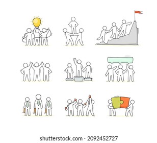 Teamwork in business, partnership and community concept. Vector cartoon icons set of team, people work together, stand in pyramid, climb to goal on mountain top and connect puzzle pieces