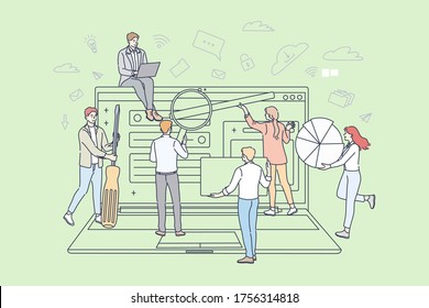 Teamwork, business, partnership, digital marketing concept. Team of businessmen women coworkers cartoon characters surfing searching internet web pages traffic. Online advertiing and seo optimization.