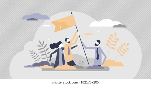 Teamwork as business partnership help and assistance tiny persons concept. Collaboration together with leader and employees cooperation to reach target vector illustration and flag as challenge symbol